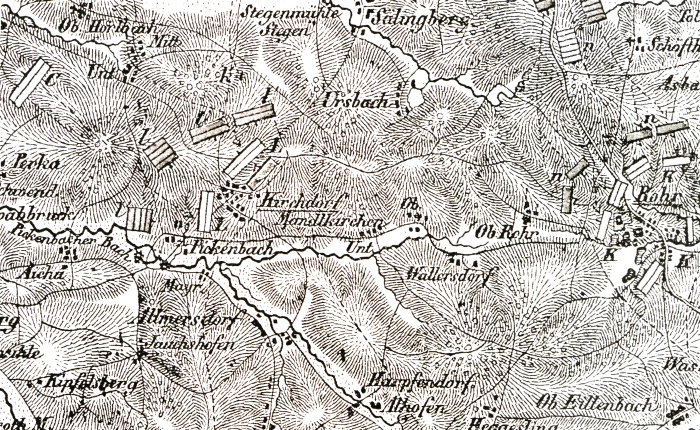 Schlacht bei Abensberg am 20.04.1809. Die dunklen Kästchen markieren Stellungen der Franzosen, Bayern, Württemberberger. Die weißen Kästchen stehen für die Österreicher. (Auszug aus einer Karten von 1840).